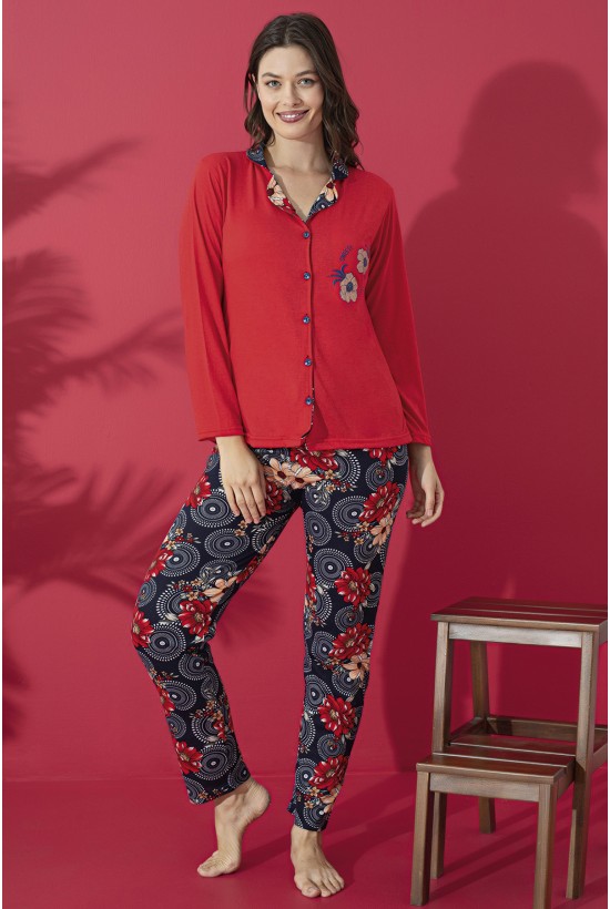 Düğme Detaylı Desenli Pijama Takımı Kırmızı